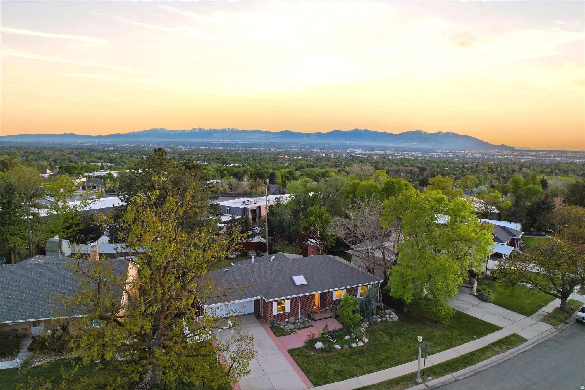 Aerial view at dusk of a mountain view