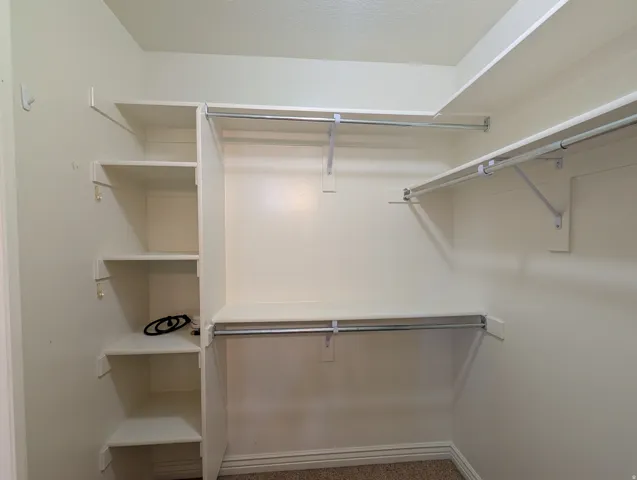Walk in closet with dark colored carpet