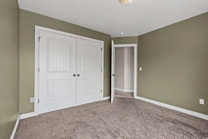 Room featuring olive-toned walls, textured ceiling, and neutral carpet