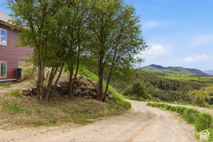 View of dirt / gravel road with a mountain viewn-drive way coming up to house