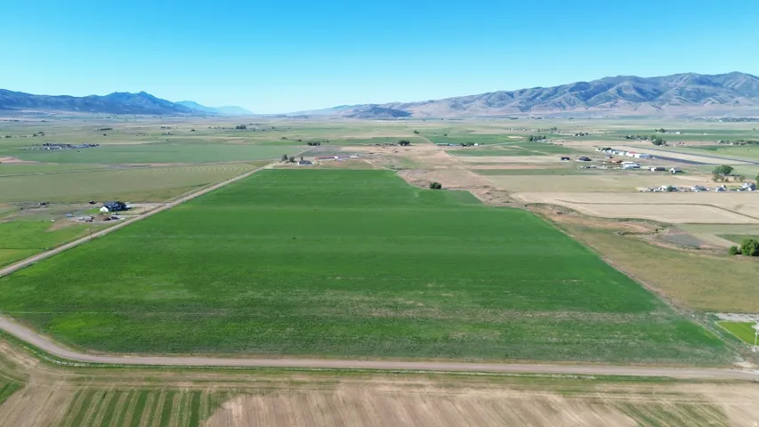 Expansive agricultural land featuring a large green field and surrounding cultivated plots