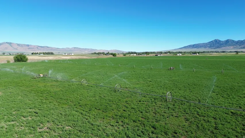Expansive green field featuring multiple active irrigation systems