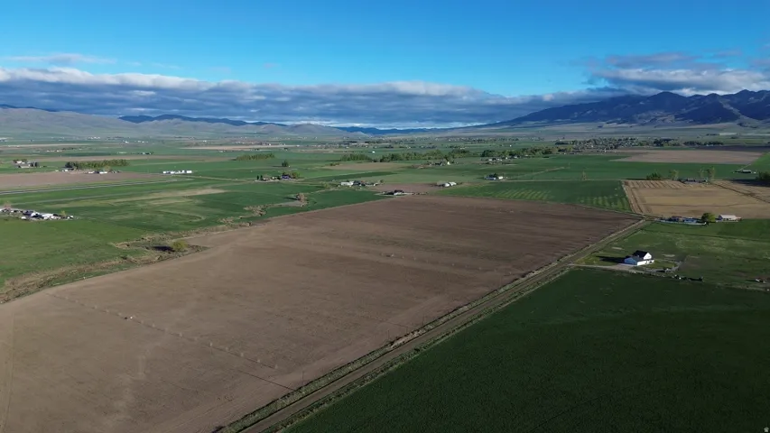 Aerial view of sparsely populated area featuring rows of crops and mountains