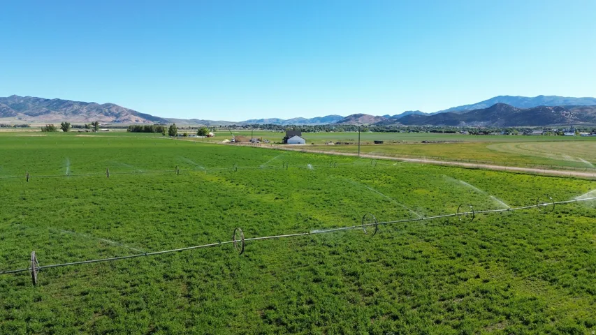 Expansive green field featuring an irrigation system with multiple sprinklers, a clear sky, and distant mountains