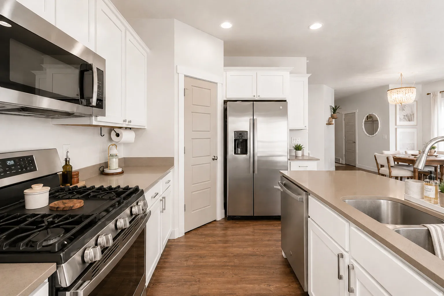 Modern kitchen featuring stainless steel appliances, white cabinetry, a double-basin sink, wood-finish flooring, and light-toned countertops