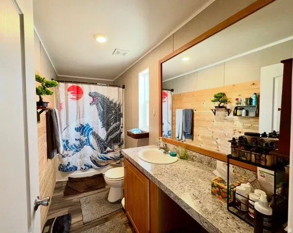 Bathroom with vanity, dark wood-style floors, ornamental molding, and recessed lighting