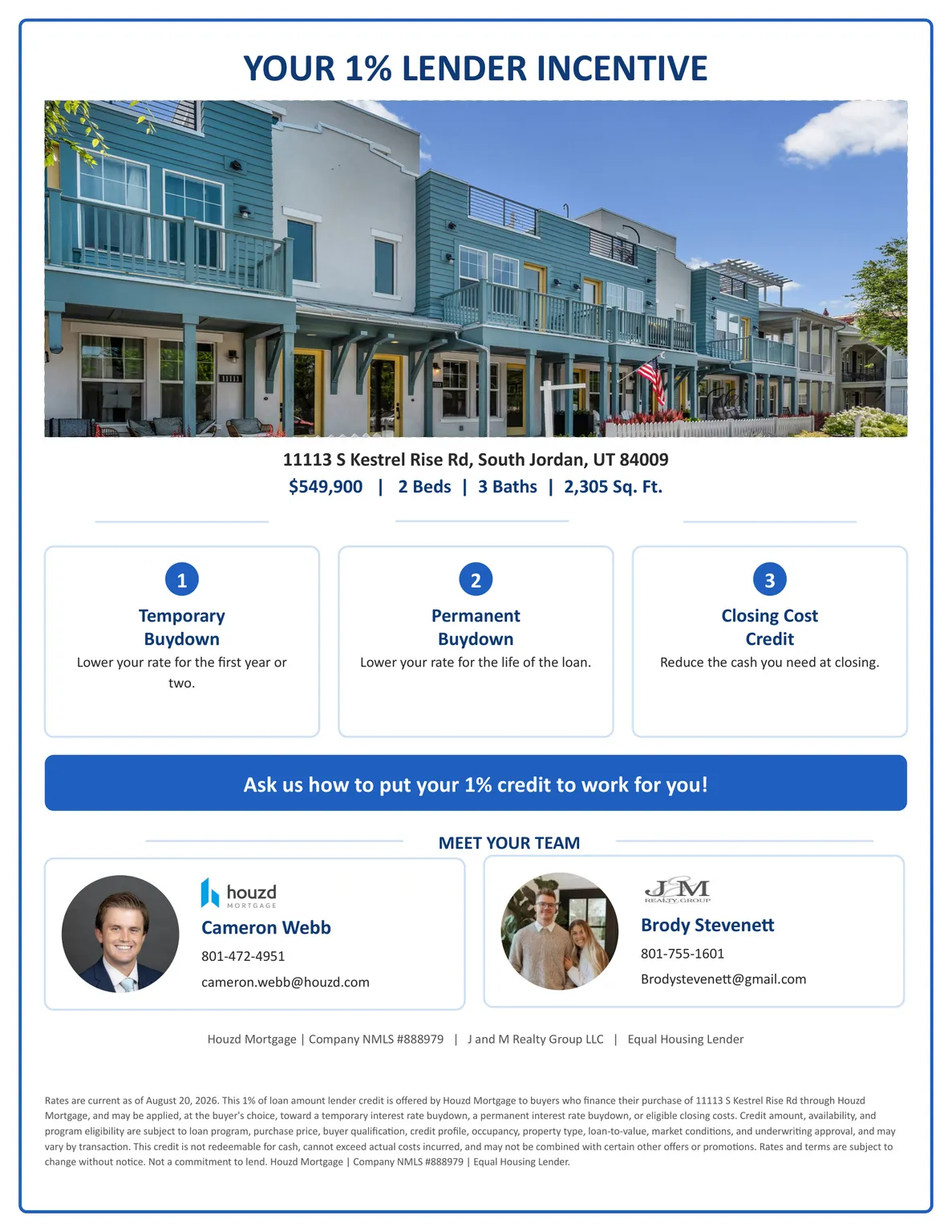 Promotional Flyer. Outlining a lender incentive program with property specifications and contact information for the sales team