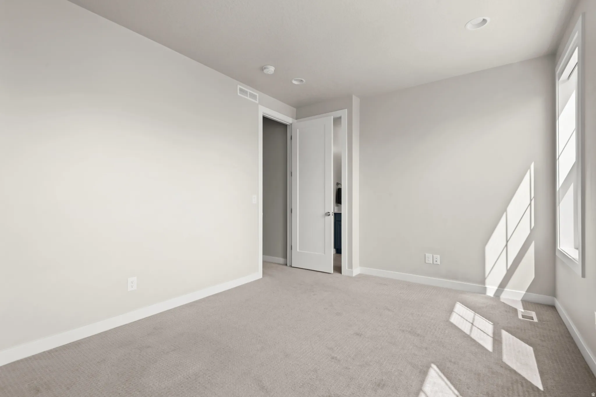 Light-filled interior featuring neutral wall tones and plush carpeting