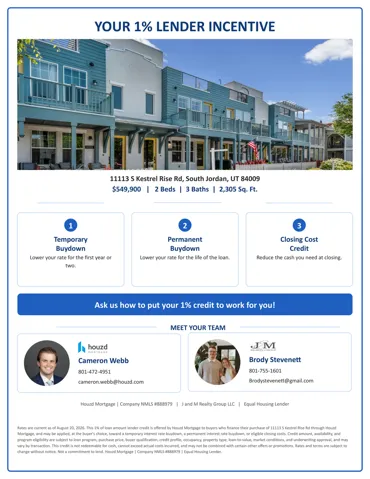 Promotional Flyer. Outlining a lender incentive program with property specifications and contact information for the sales team