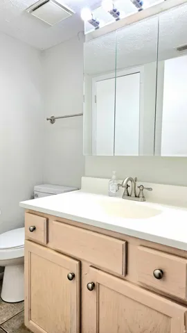 Bathroom featuring vanity and a textured ceiling