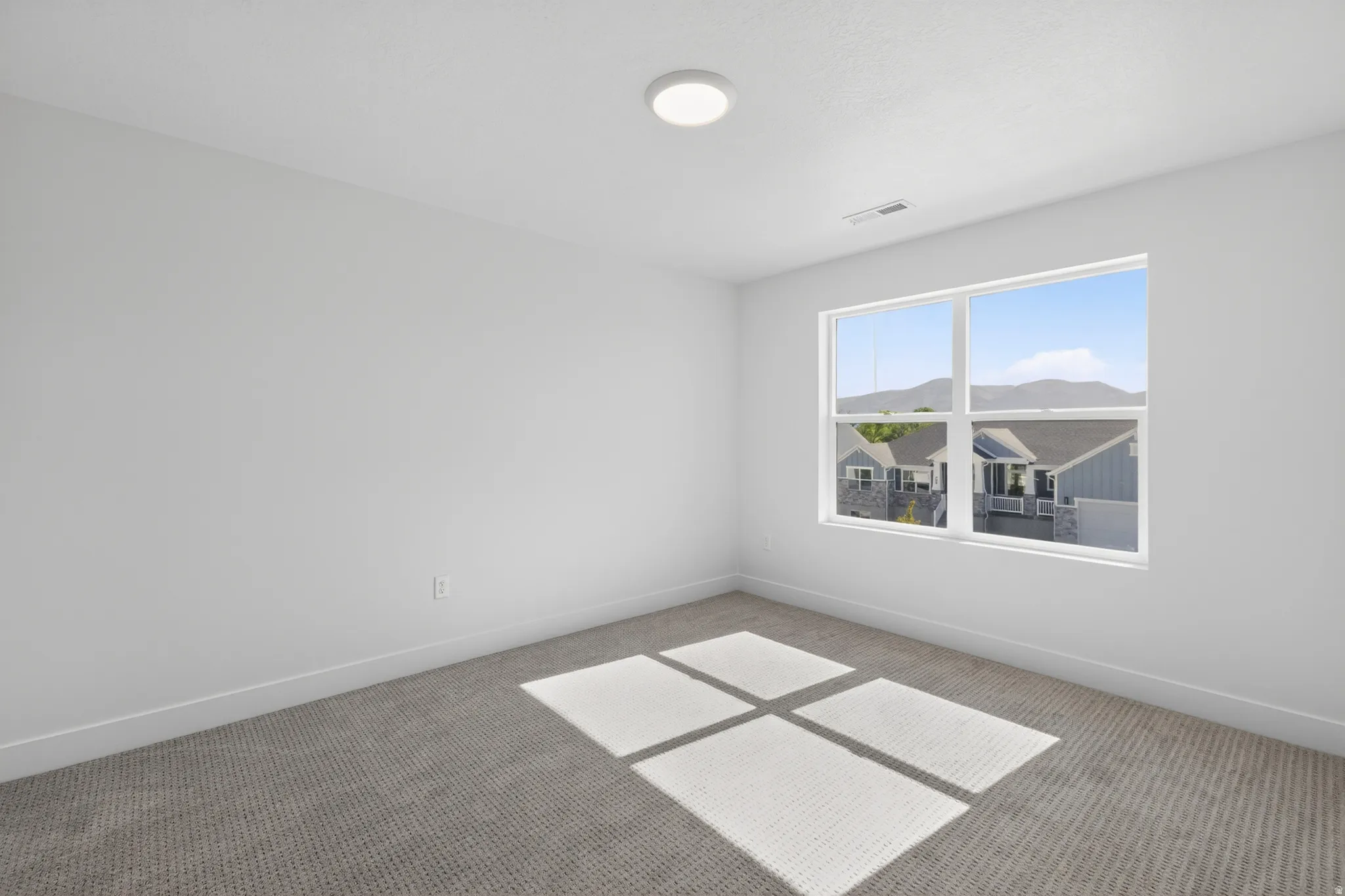 Carpeted room featuring a large window, white walls, white trim, and a flush-mount ceiling light