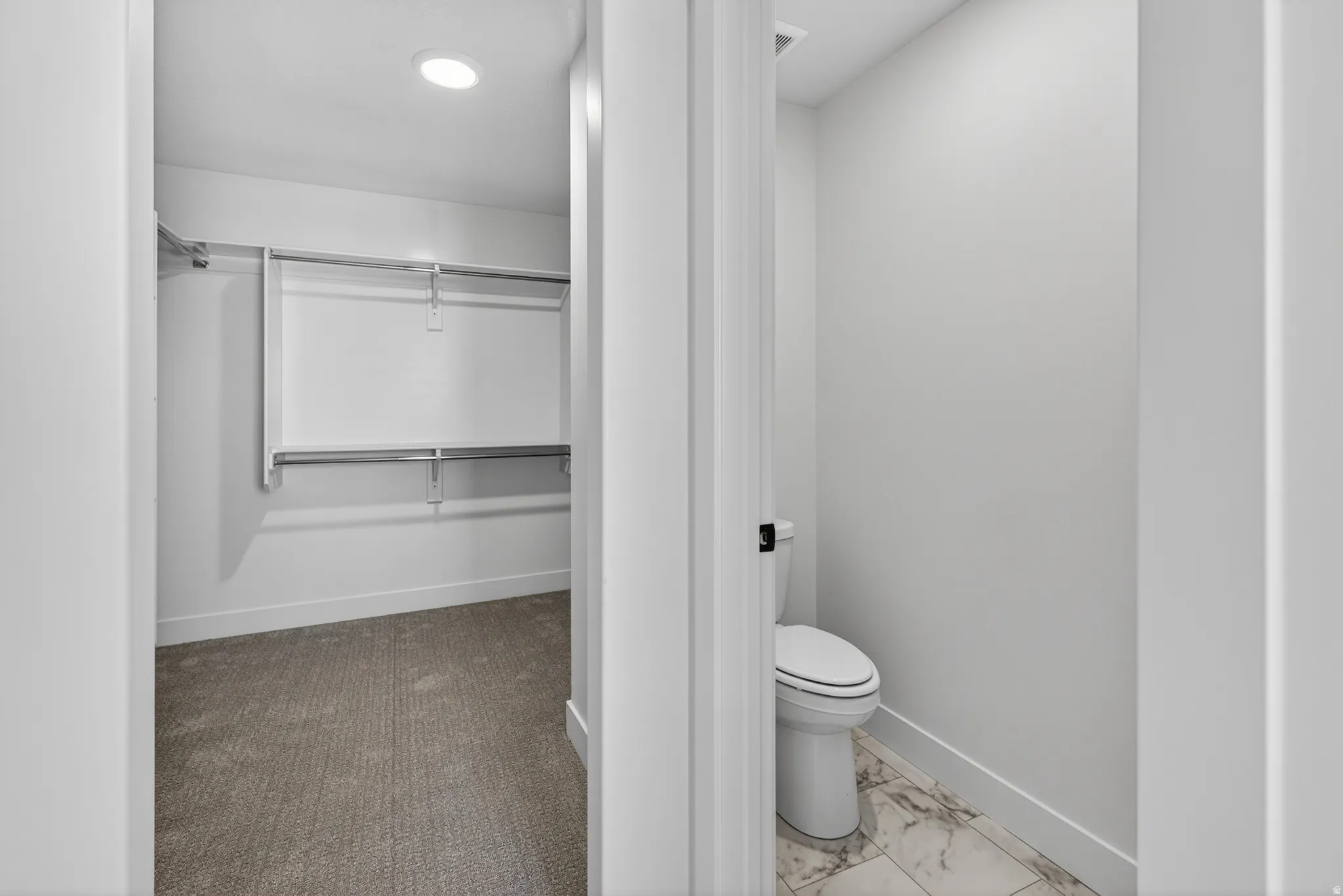 Walk-in closet with carpet flooring and integrated shelving system