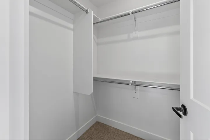 Walk-in closet featuring white painted walls, white trim, and light brown carpeting