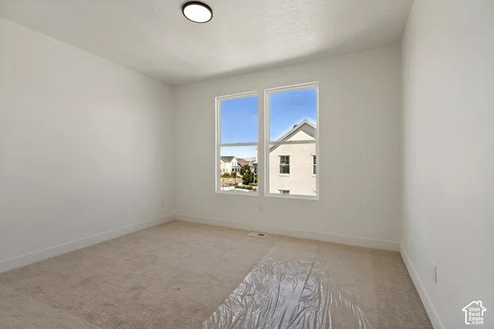 Carpeted room featuring white walls, a flush-mount ceiling light, and two white-framed windows