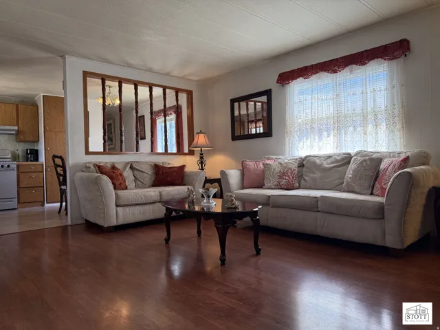 Living room with dark wood-type flooring and plenty of natural light