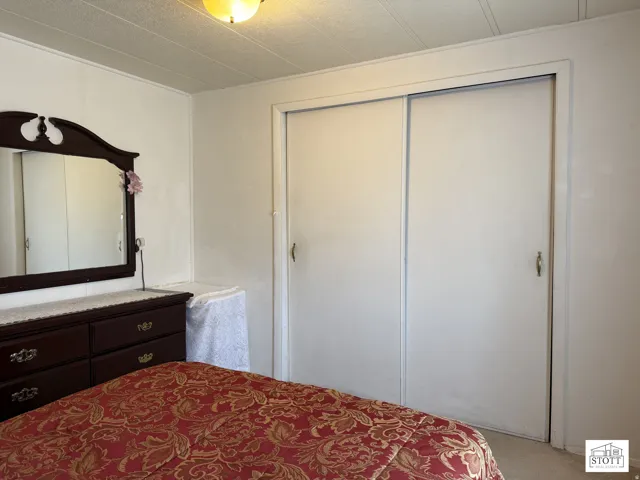 Bedroom with a closet and light carpet