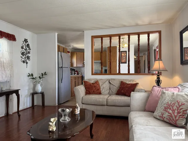 Living room with dark wood-style flooring