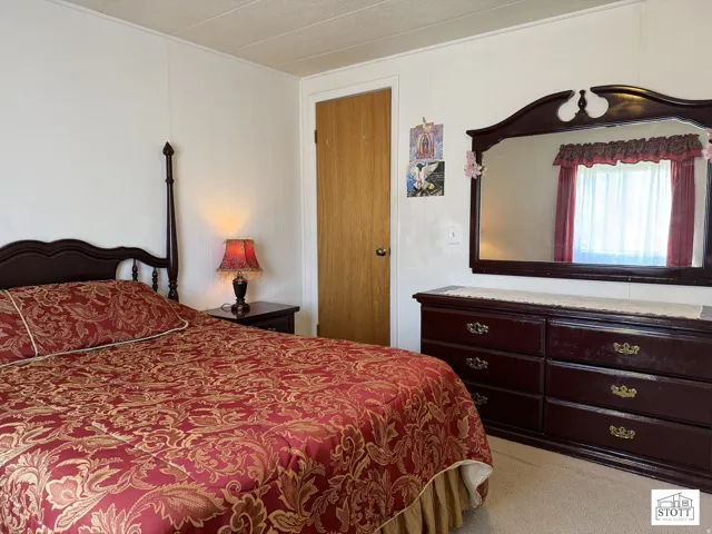 Bedroom with light carpet