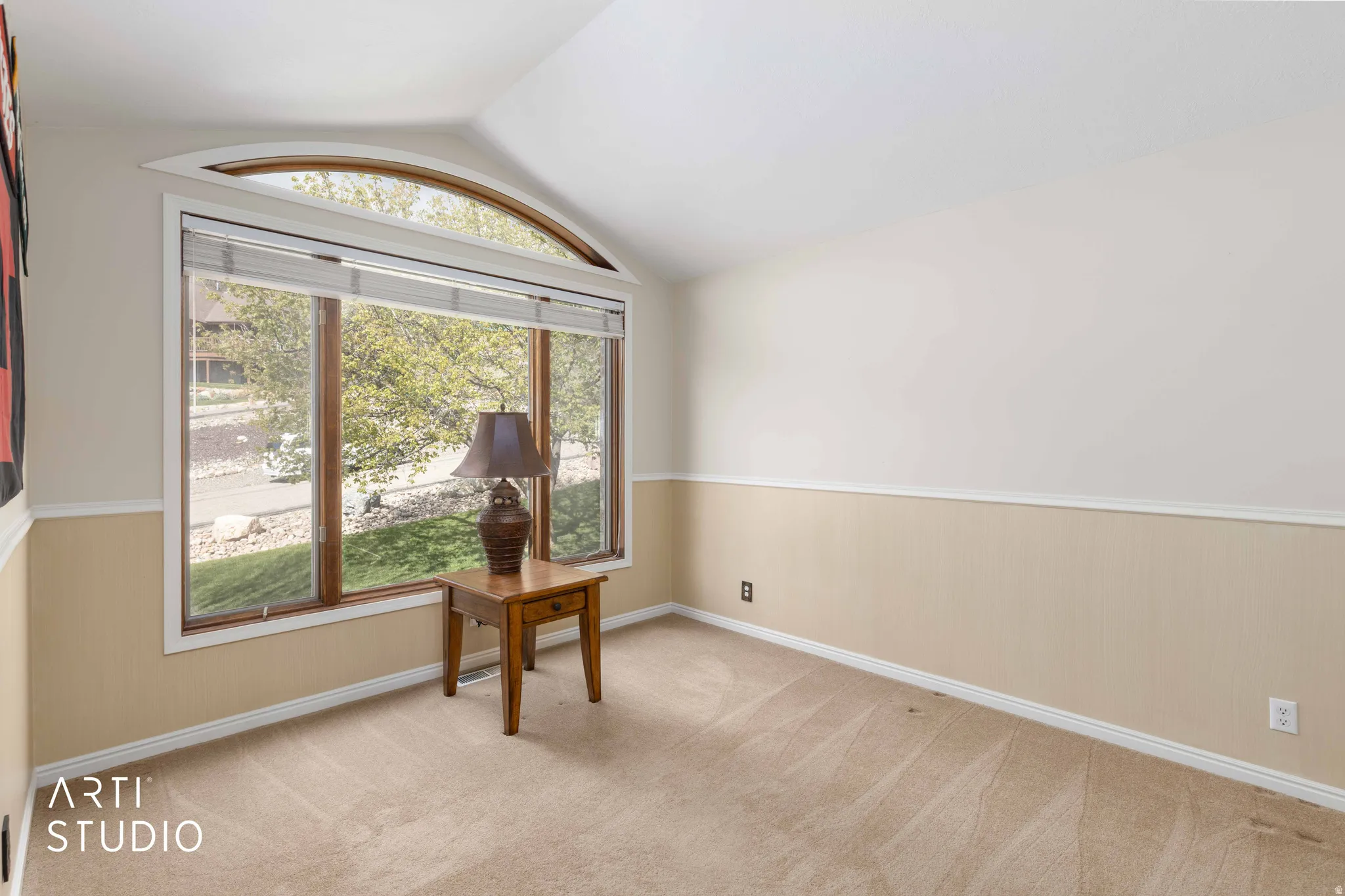 Spare room with a wainscoted wall, lofted ceiling, and light colored carpet