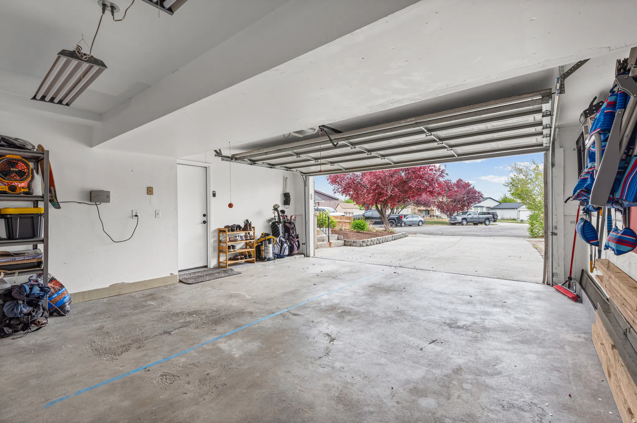 Garage with a residential view