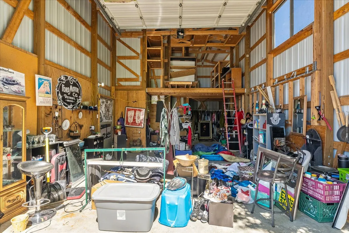 Garage with metal walls and loft