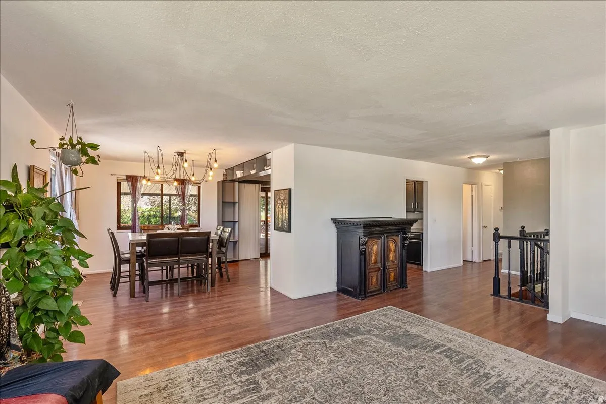 Living room with dark wood finished floors