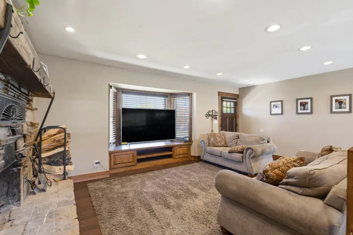 Living area featuring a stone fireplace, dark wood-style floors, and recessed lighting