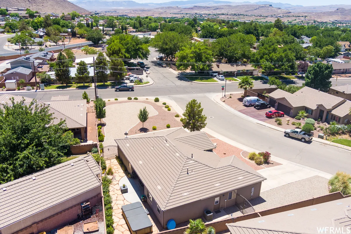 Aerial perspective of suburban area with mountains