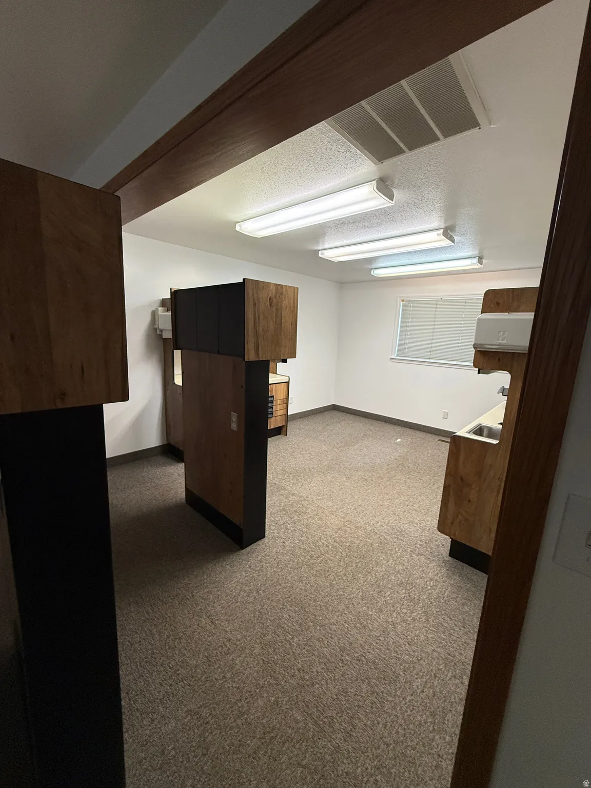 Finished below grade area featuring dark colored carpet and a textured ceiling