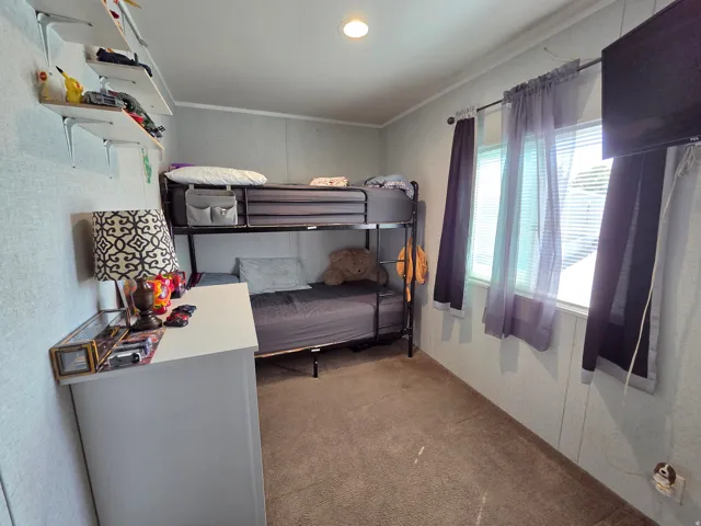 Bedroom with light colored carpet, crown molding, and recessed lighting