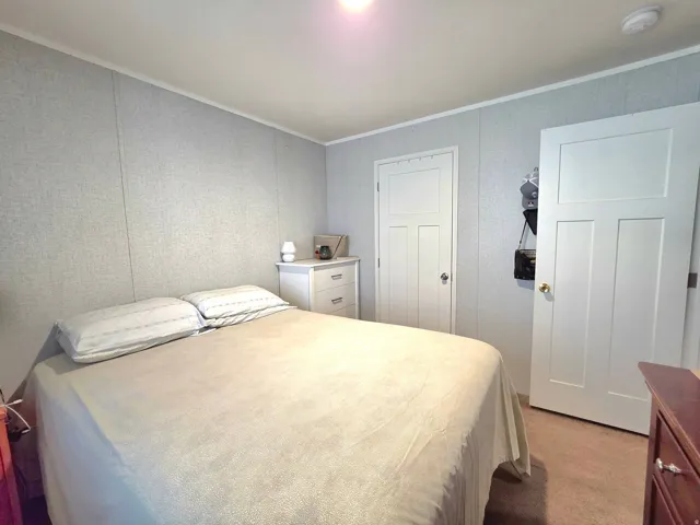 Bedroom with light carpet and crown molding
