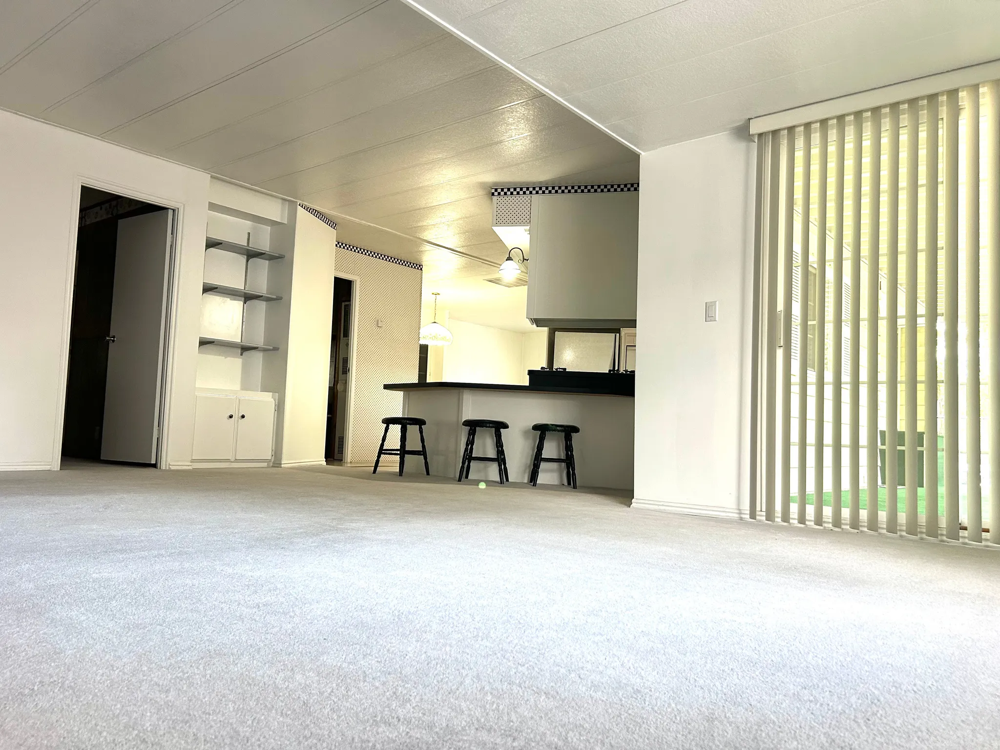 Spacious room featuring light-toned carpeting and a built-in shelving unit with lower cabinetry
