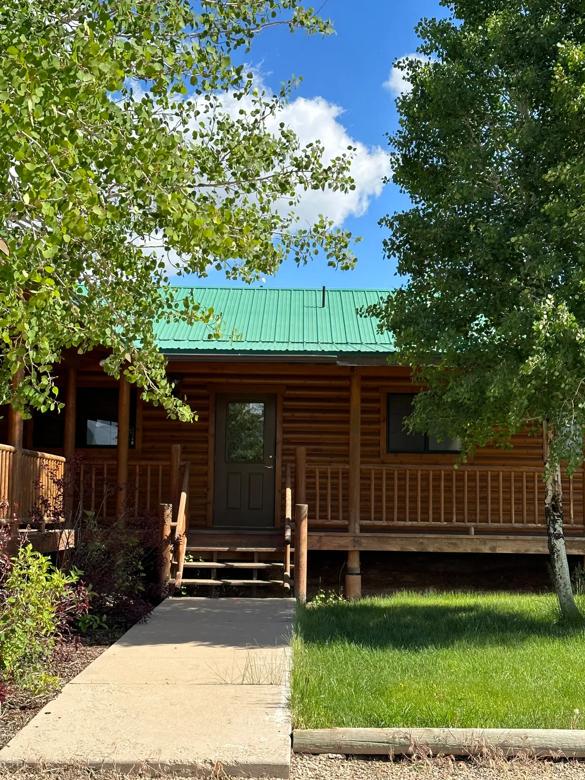 View of exterior entry featuring covered porch, a metal roof, and log exterior