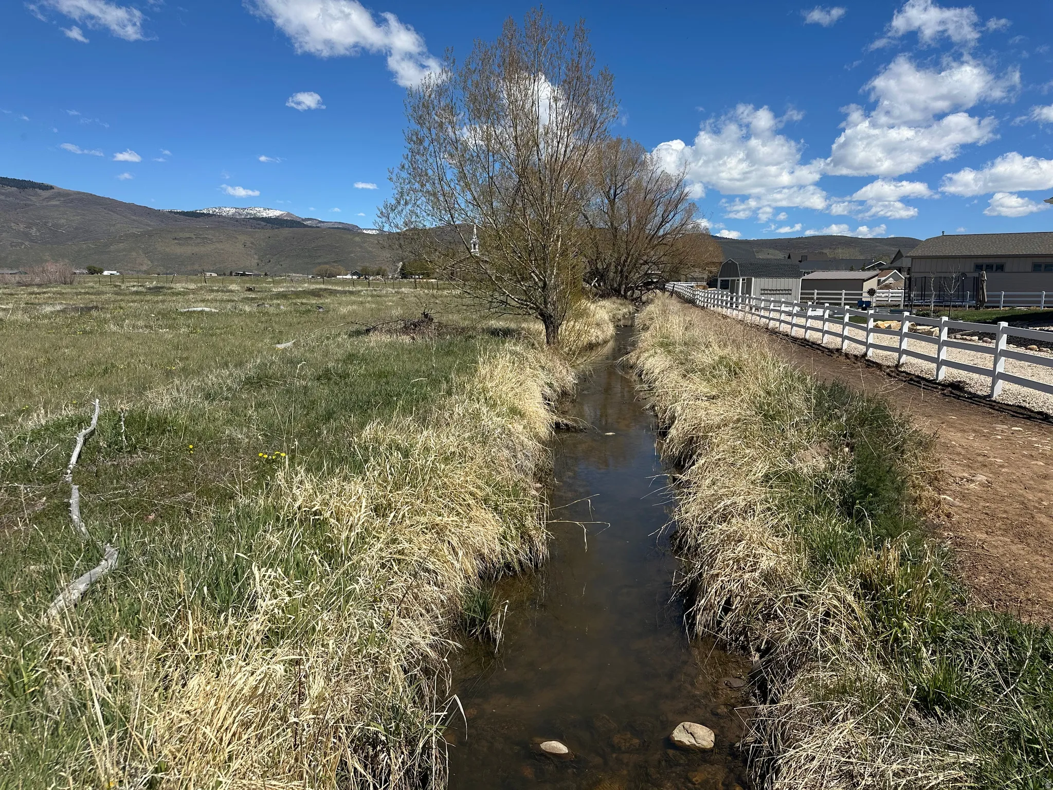 View of yard with a water and mountain view