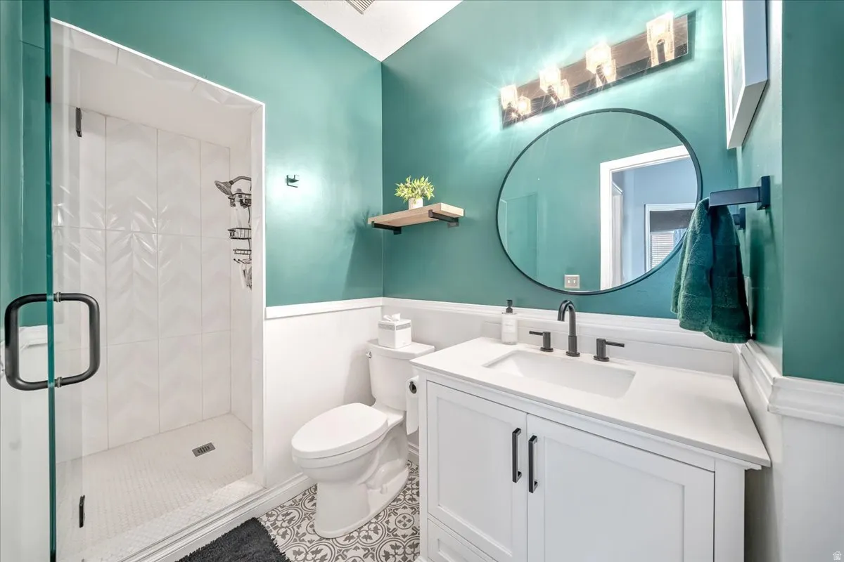 Full bath featuring vanity and a shower stall
