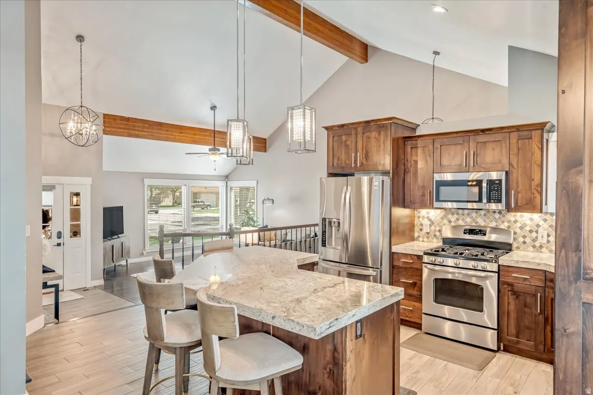 Kitchen with stainless steel appliances, ceiling fan, wood finish cabinets, and light wood-type flooring