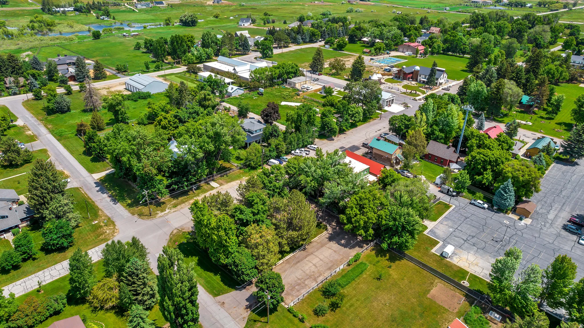 Aerial view of residential area with a large body of water