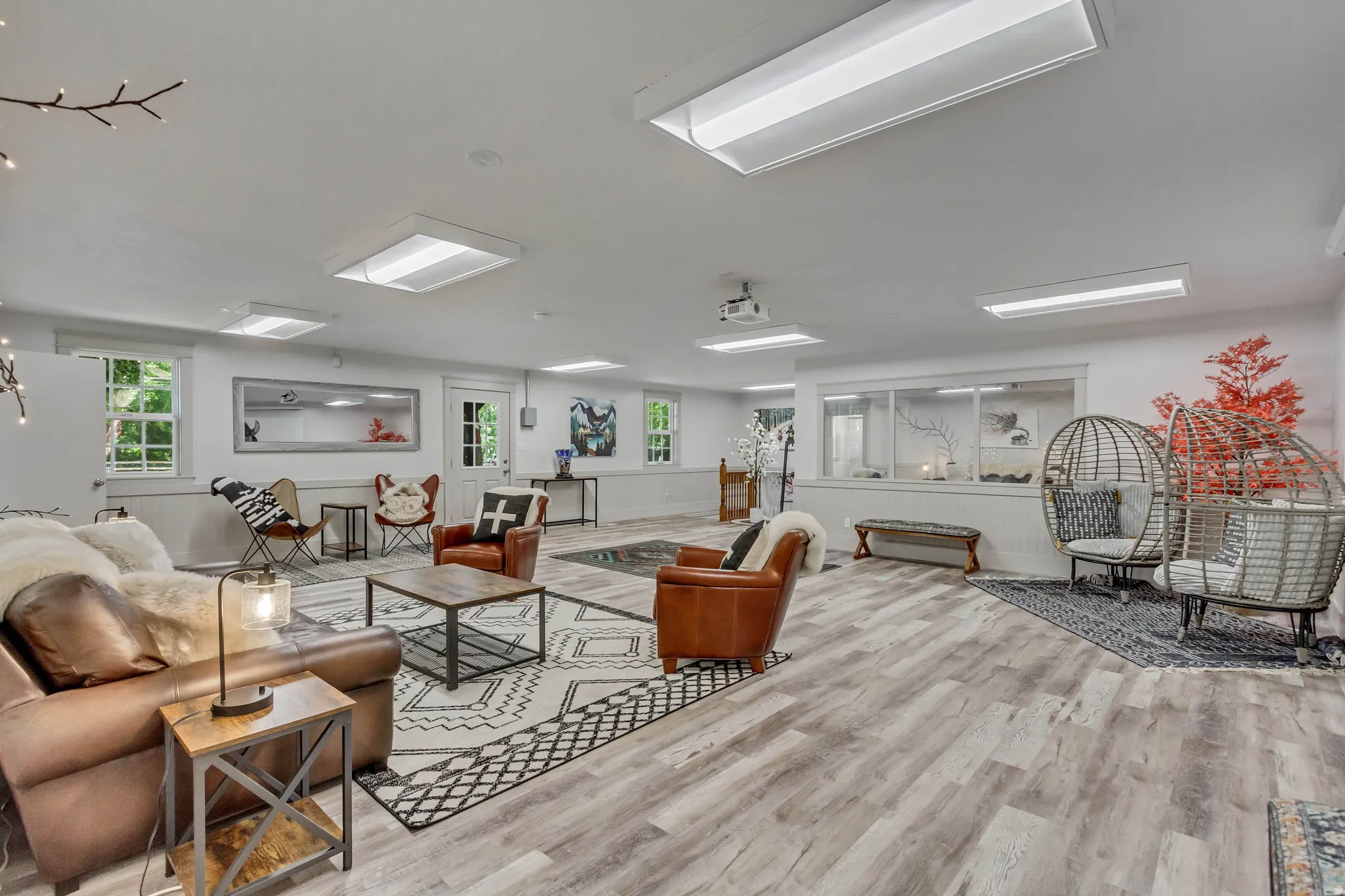 Living room with light wood-type flooring