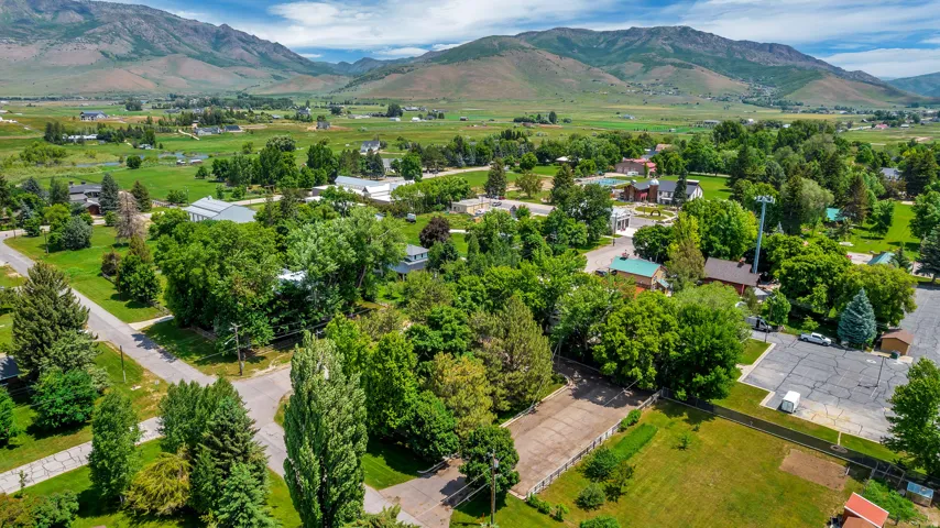 Aerial perspective of suburban area featuring a mountain backdrop