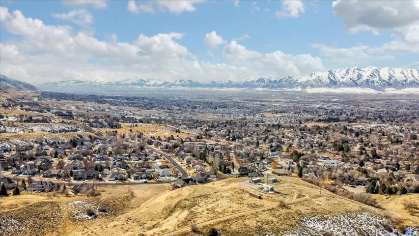 Aerial view of residential area with a mountainous background