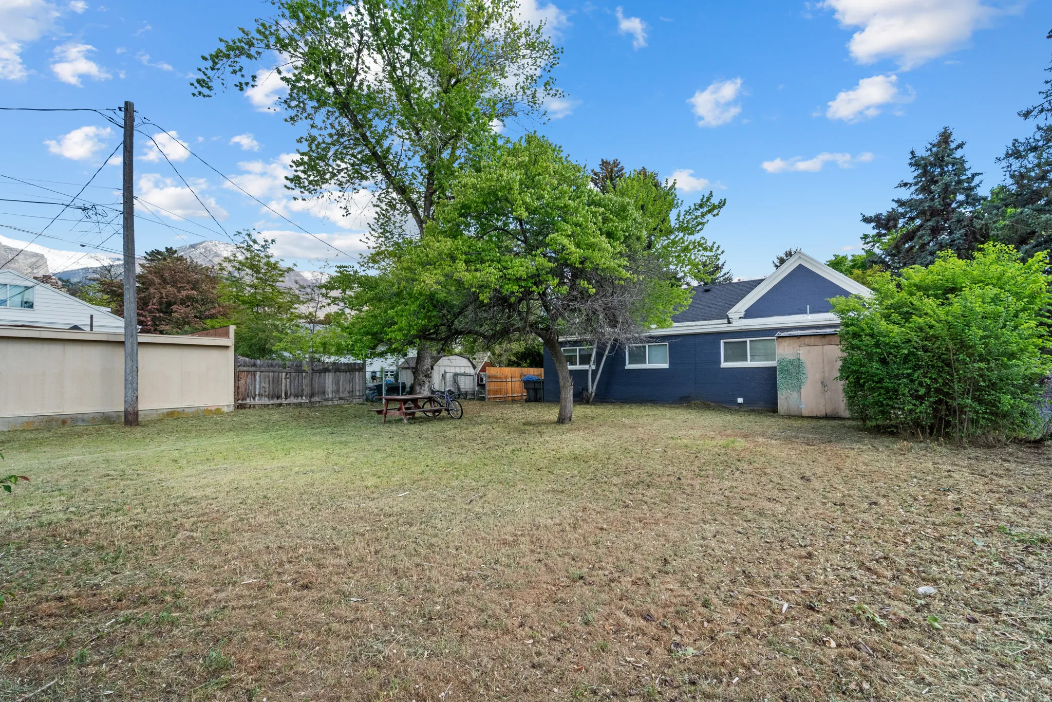 Fenced backyard with an outbuilding