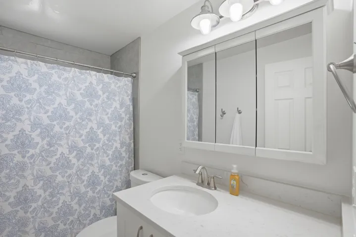 Bathroom with vanity and a shower with curtain