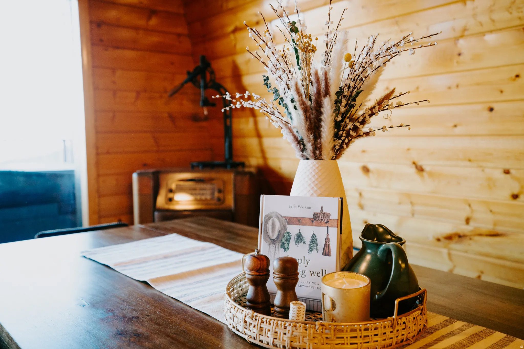 Dining space with wood walls