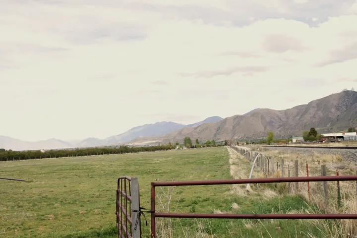 Mountain view with rural landscape and agricultural land