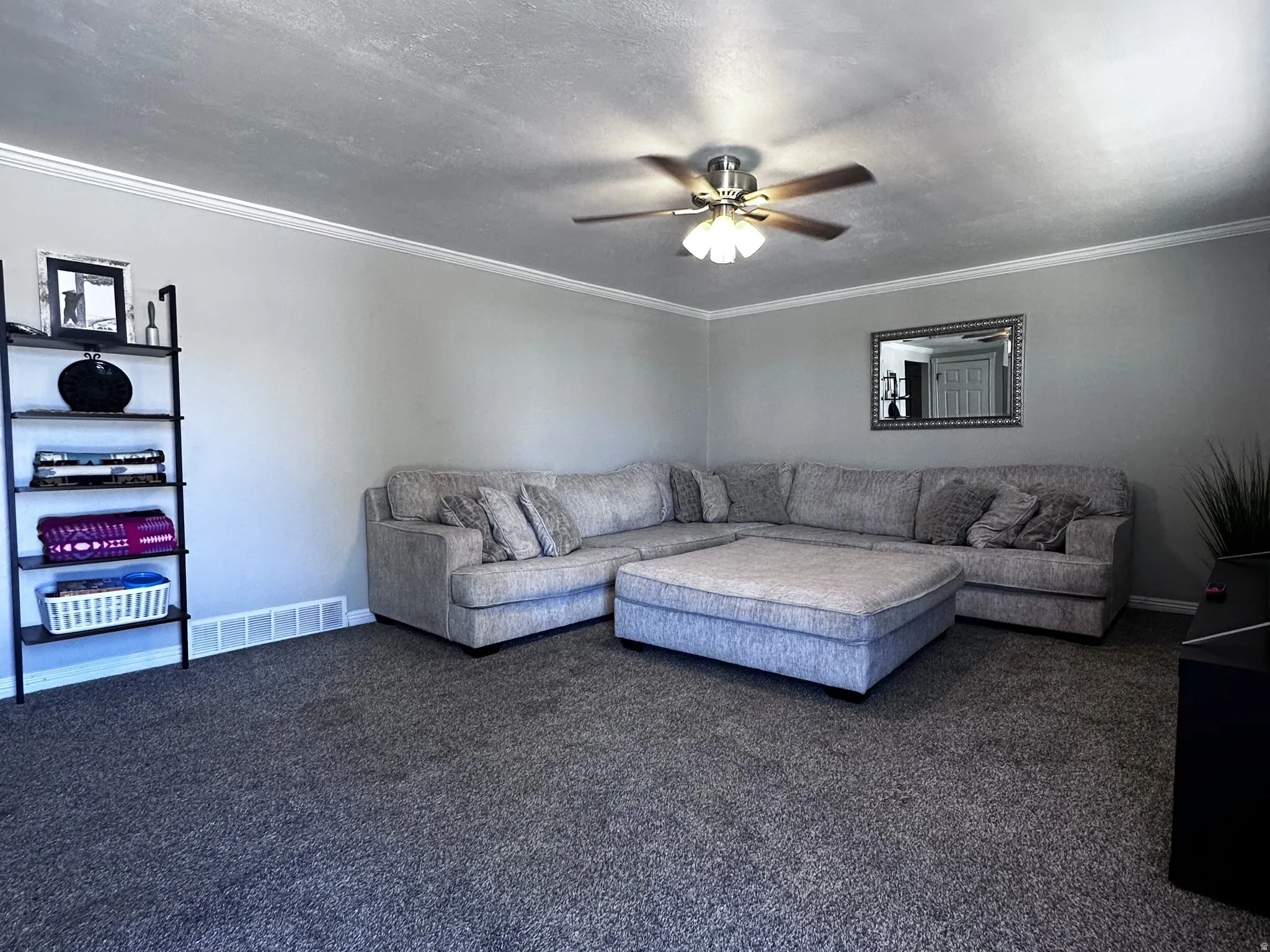 Carpeted living room with ceiling fan and ornamental molding