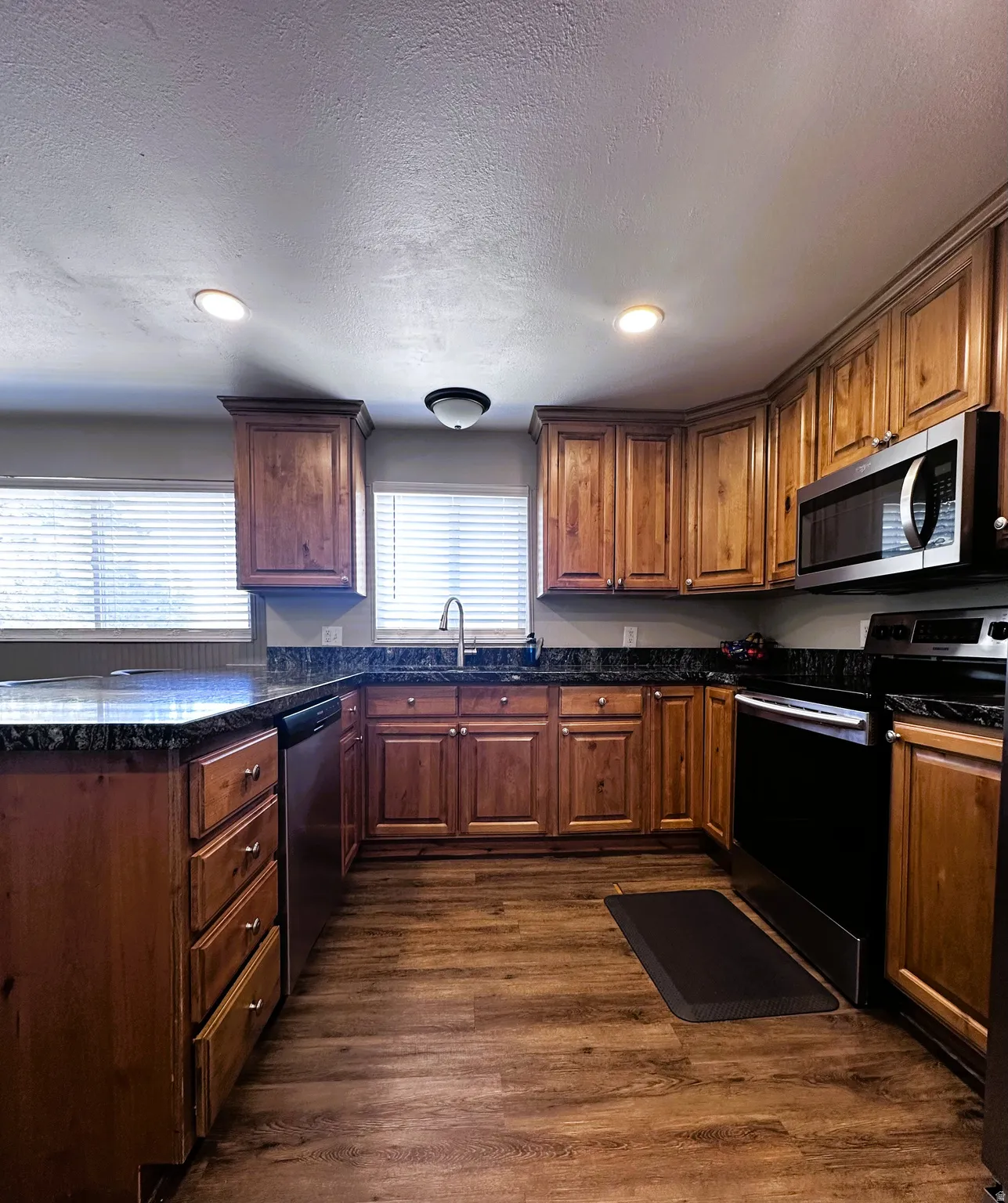 Kitchen with stainless steel appliances, dark wood-style flooring, a peninsula, wood finish cabinetry, and recessed lighting