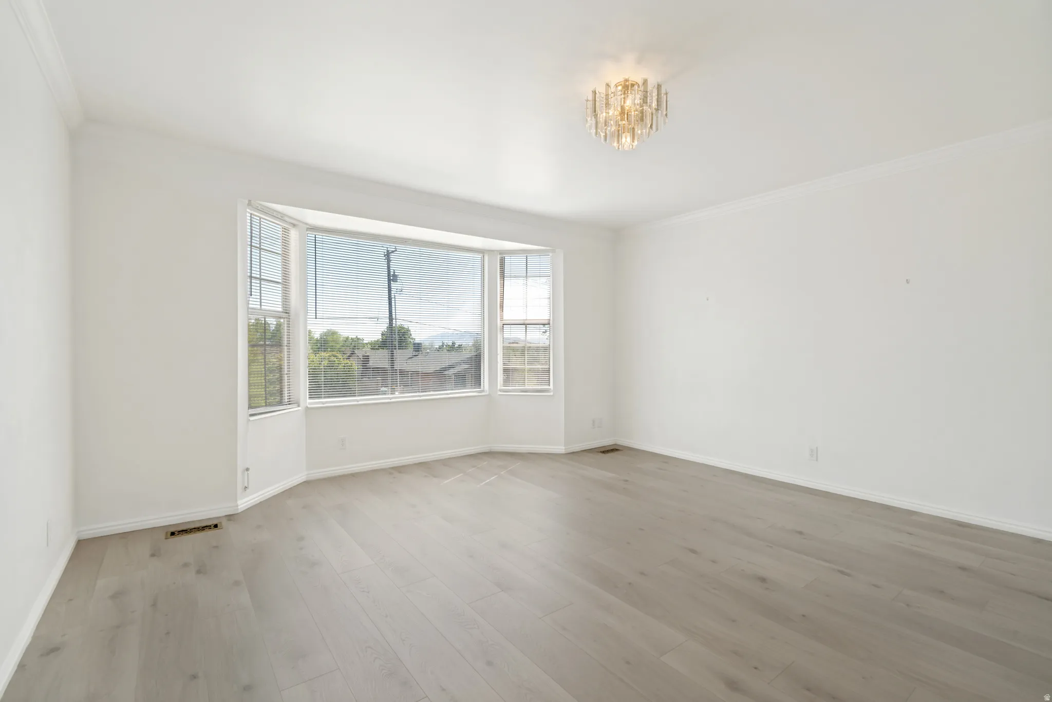 Expansive room featuring a bay window with multiple panes, crown molding, and light wood-finish flooring