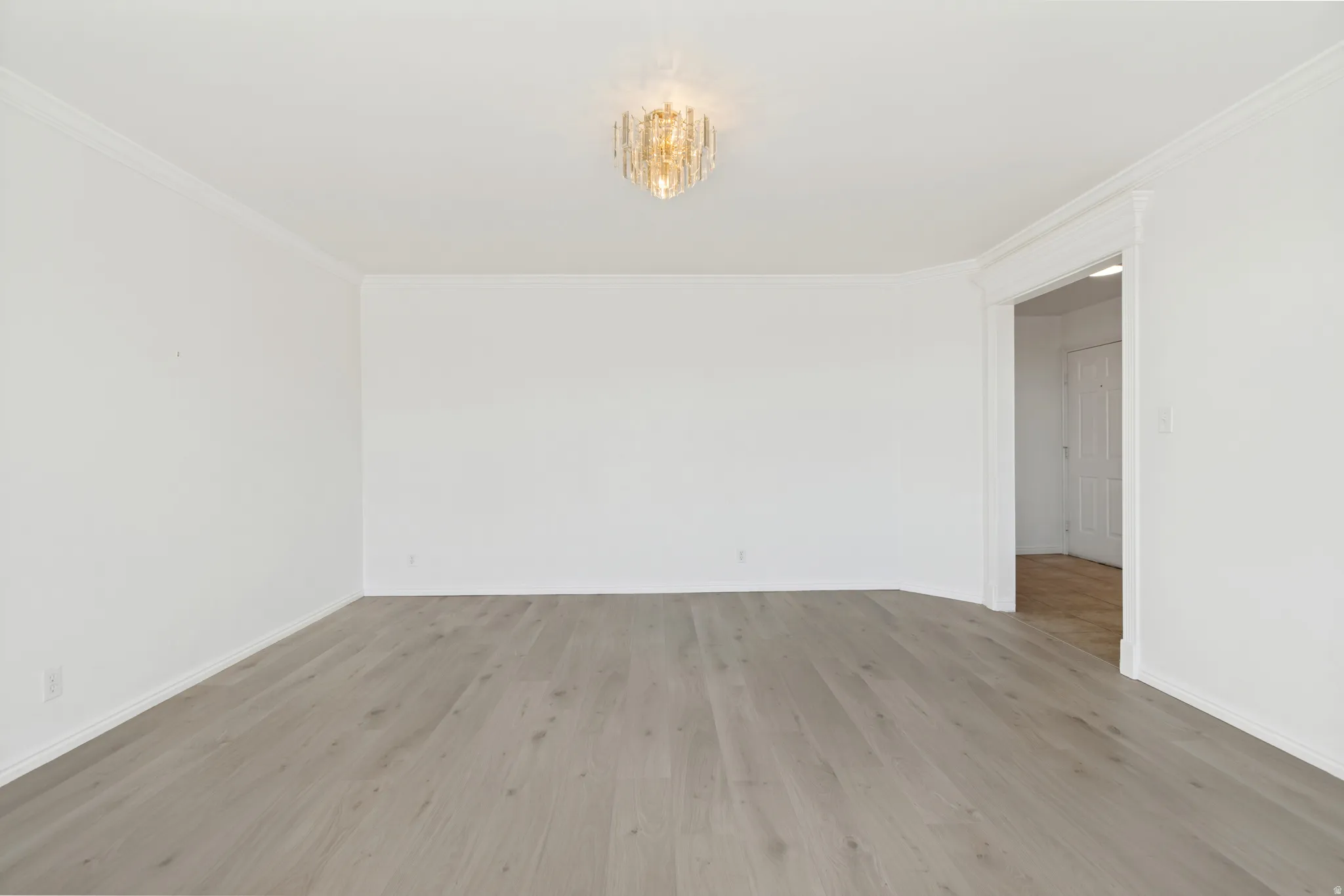 Spacious room featuring light wood-finish flooring, white walls, crown molding, and a decorative ceiling light fixture