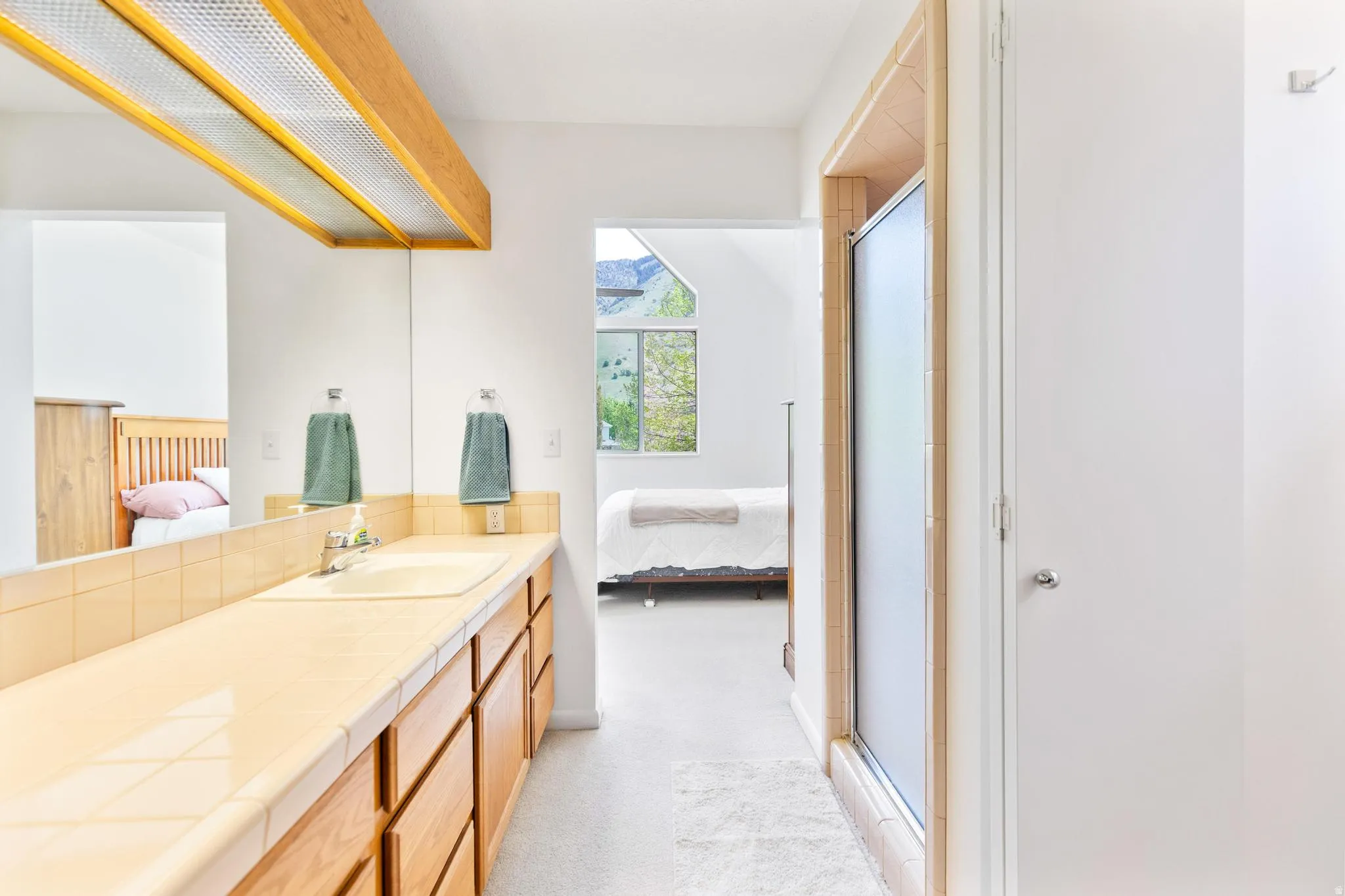 Ensuite bathroom with light colored carpet, vanity, and a shower stall