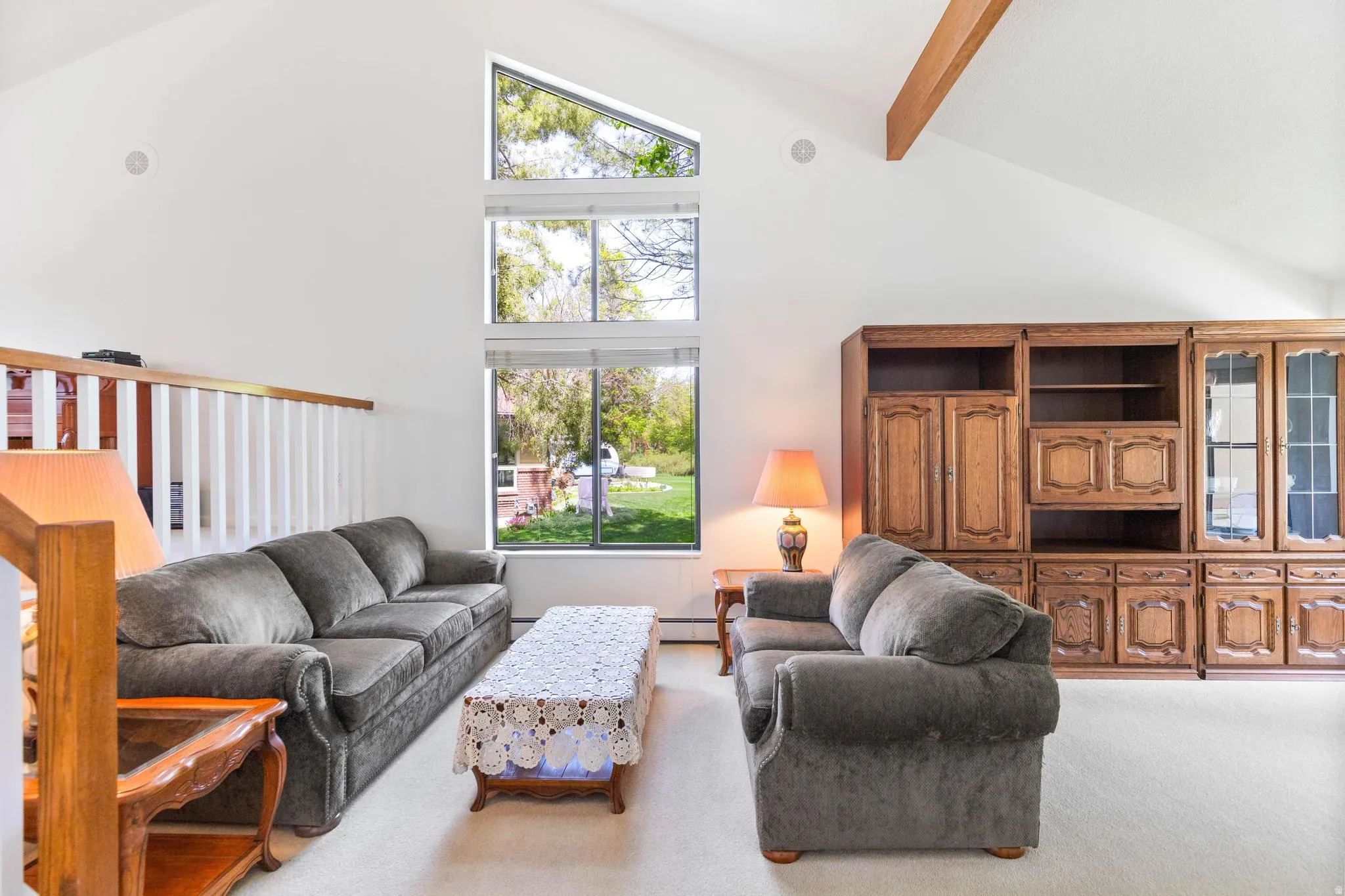 Living area featuring carpet floors, vaulted ceiling, and baseboard heating